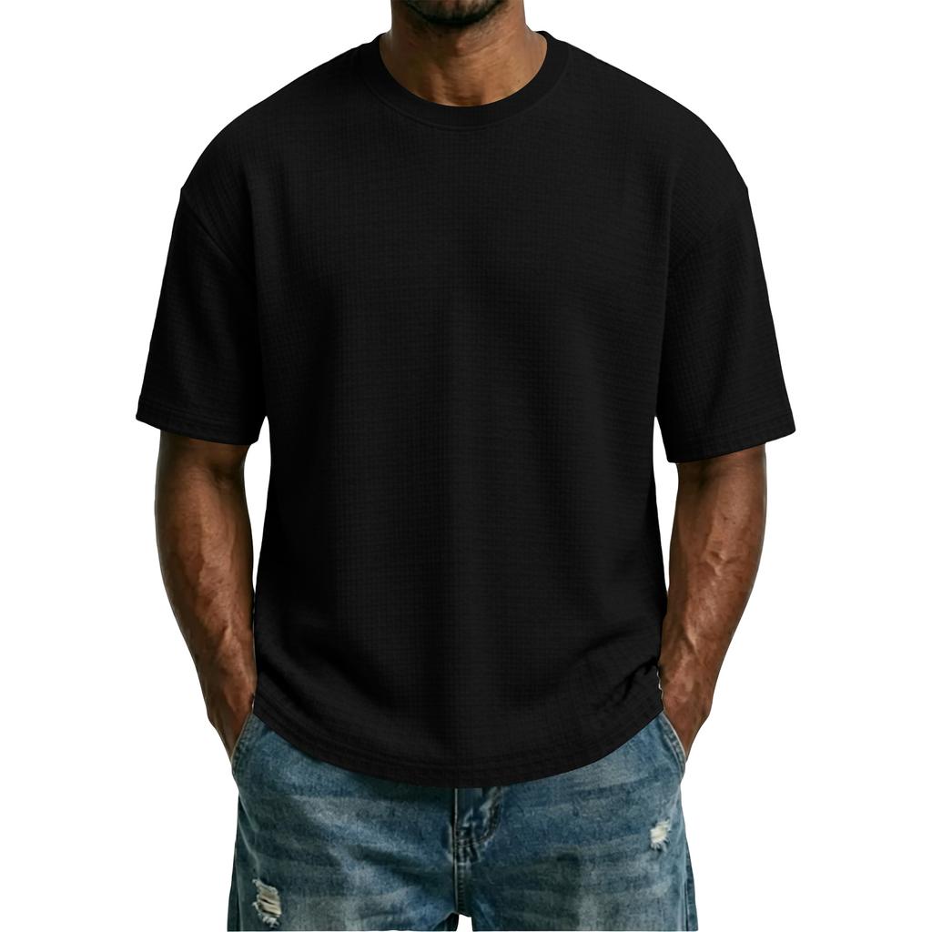 Men's Solid Waffle Texture Loose Fit Crew Neck Short Sleeve T Shirt Casual Lightweight Breathable Fabric Summer Top