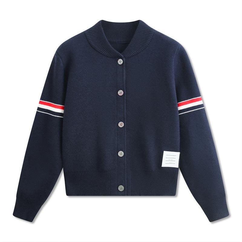 Autumn and Winter New Round Neck Knitted Cardigan College Style Baseball Jersey Double Sleeve Colored Webbing Striped Long Sleeve Sweater Jacket