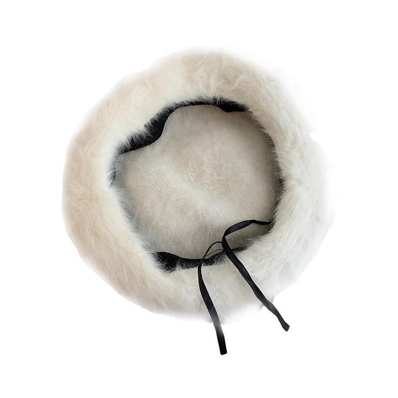 Elegant White Rabbit Fur Beret For Women Cozy Winter Hat Fashionable Painter Cap