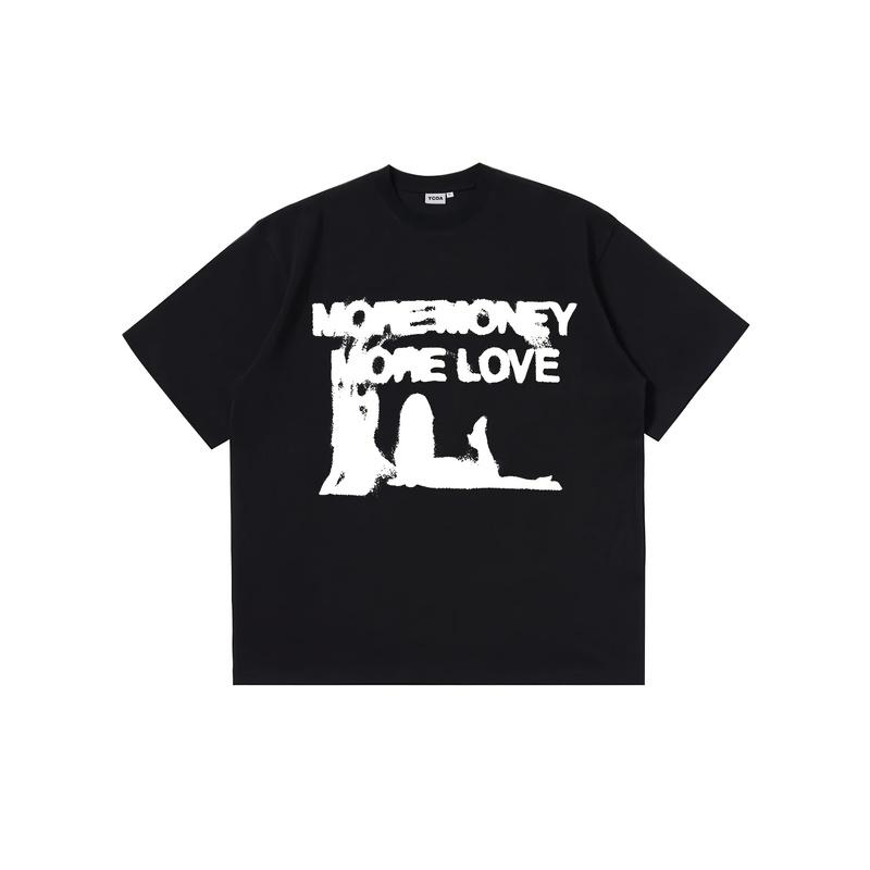 T-shirt Vintage Y2K Hip Hop Harajuku Streetwear da Uomo - Nera, Vestibilità Larga Rilassata, con Stampa Grafica "MORE MONEY MORE LOVE", Manica Corta