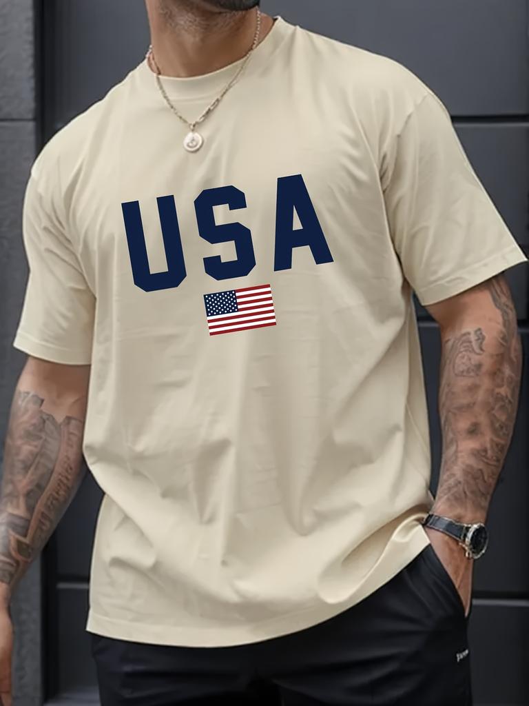 Pánské ležérní tričko s kulatým výstřihem a potiskem vlajky USA, pletenina, regular střih s krátkým rukávem