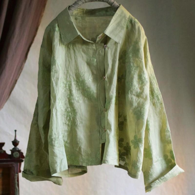 Johnature Women Vintage High Quality Shirts Tops Jacquard Green Turn-down Collar Long Sleeve Button Blouses