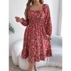 Fashion Women's Dresses Elegant Floral Square Neck Long Sleeve Waisted Ruffle A-line Dresses