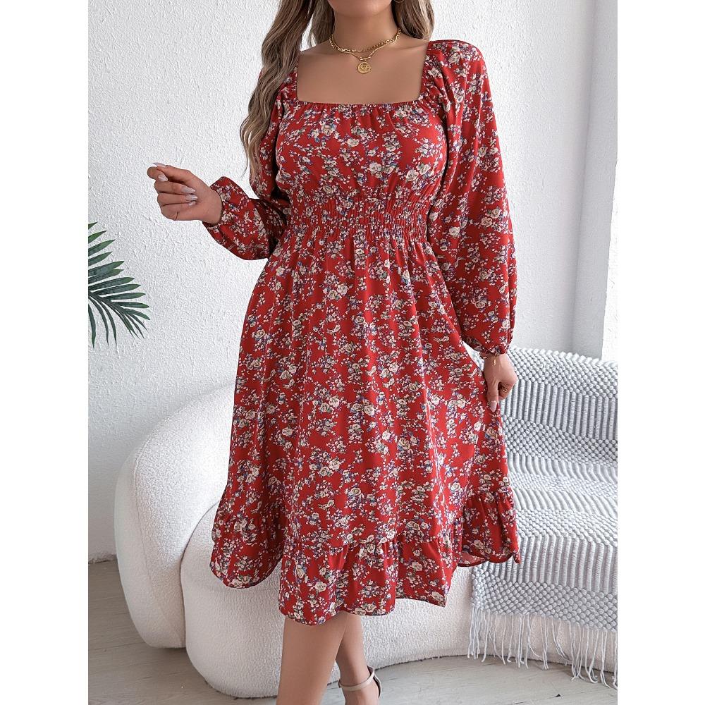 Fashion Women's Dresses Elegant Floral Square Neck Long Sleeve Waisted Ruffle A-line Dresses