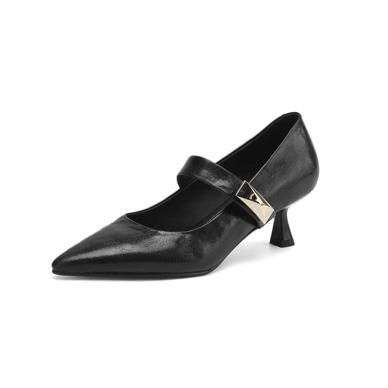 Fashion Women's new leather sheepskin pointed metal accessories belt buckle high heels plus size Mary Jane work shoes single shoes