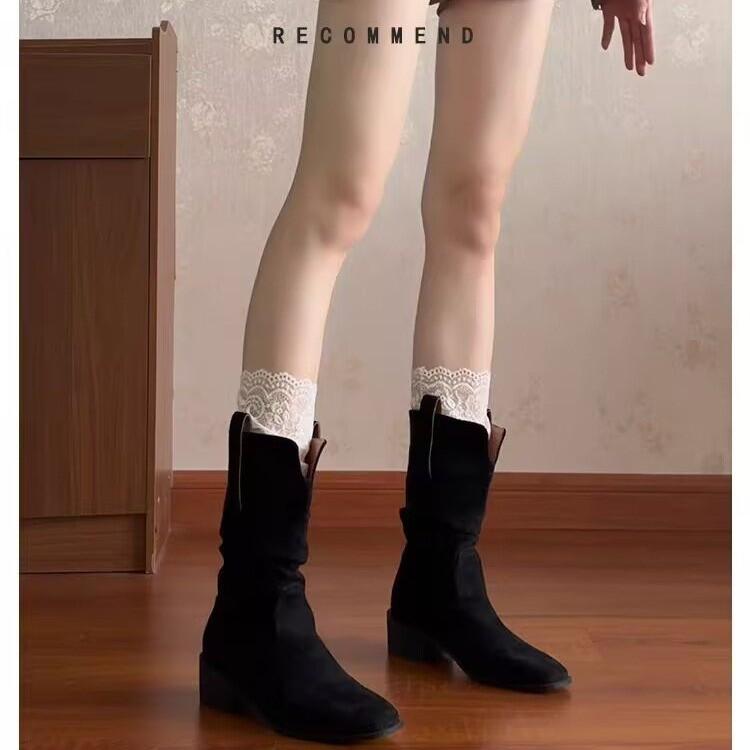 

Женские осенне-зимние новые туфли на высоком толстом каблуке, модные замшевые остроносые ботильоны из коровьей замши 458 40