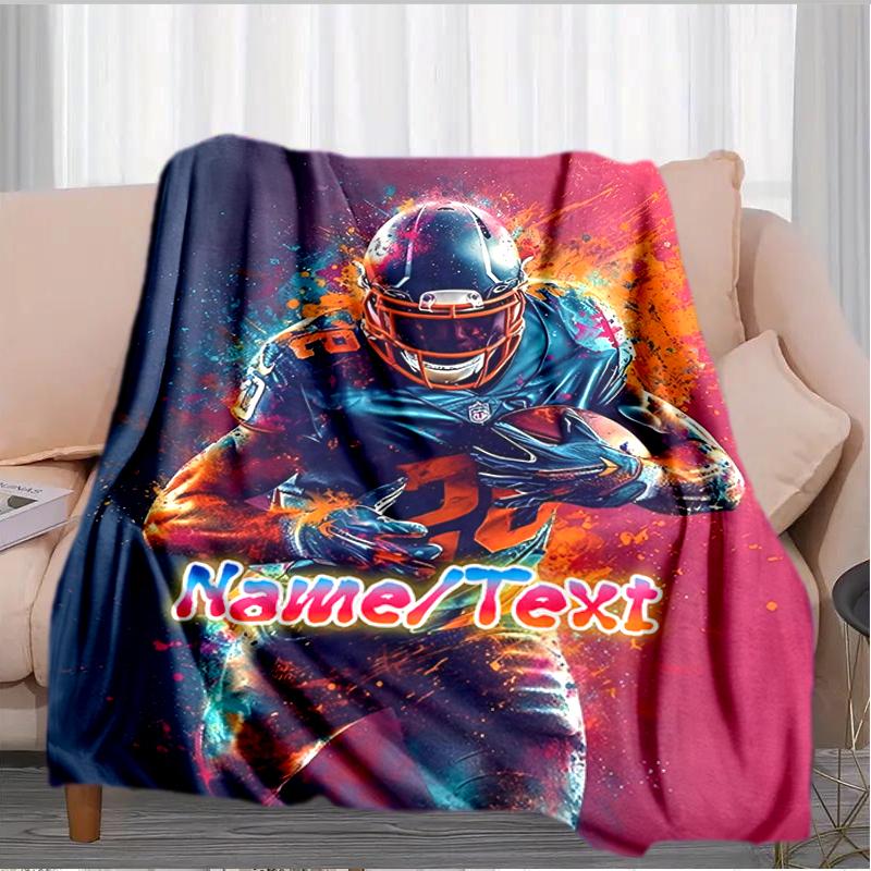 1PC Custom Name "Dynamic Football Player Art" flannel blanket versatile,all-season throw suitable for the living room,bedroom,camping,travel,and gift