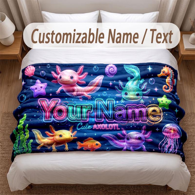Axolotl Theme Soft Blanket Personalized Custom Name Text Print Warm Blanket Home Sofa Bedroom Decor