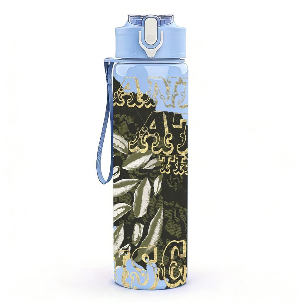 1PC Black Complex Pattern 750ml Sports Water Bottle Leakproof Straw Lid Outdoor Office Home