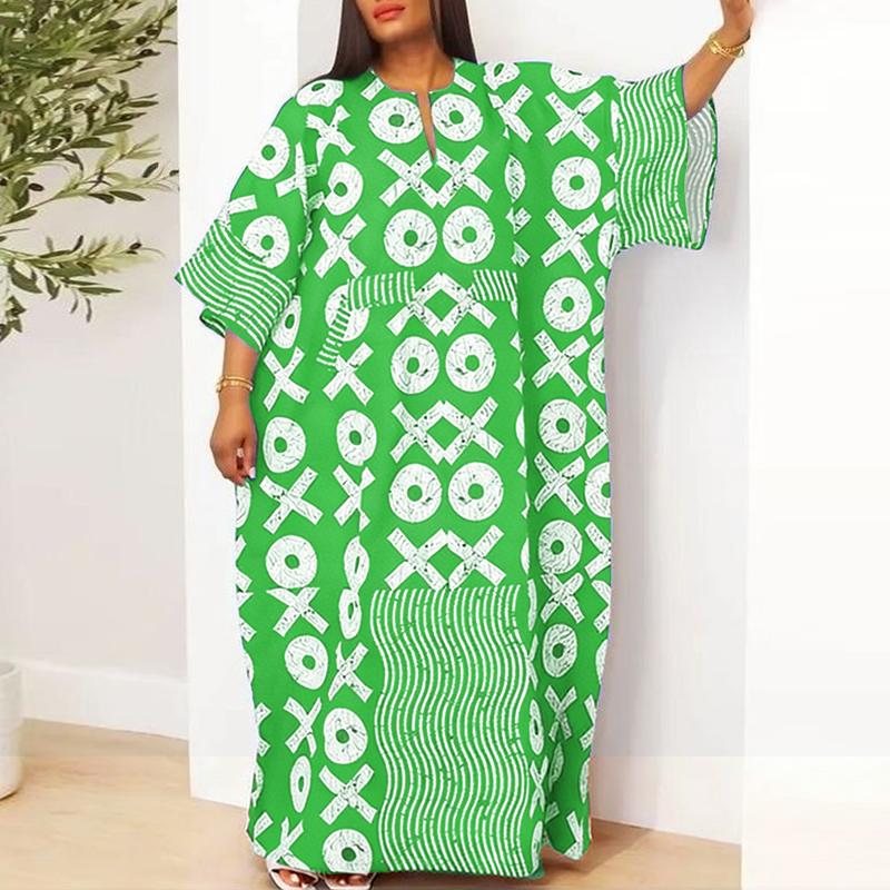 Plus Size Summer Women 3/4 Sleeve Floral Striped Print Casual Loose Long Maxi Robe Dress