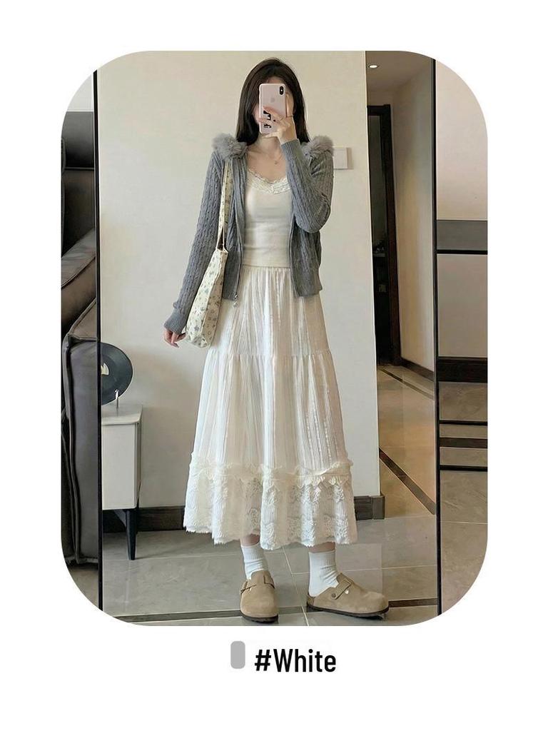 Women's White Lace High Waist A-line Umbrella Skirt - Mid-length Flare for Tall Figures