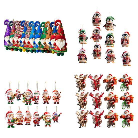 Yousheng Wooden Christmas Ornament 2D Santa Claus On Hot Air Balloon/Riding Bicycle/Penguin/Elf Hanging Ornaments for Xmas Tree Holiday Party Decor