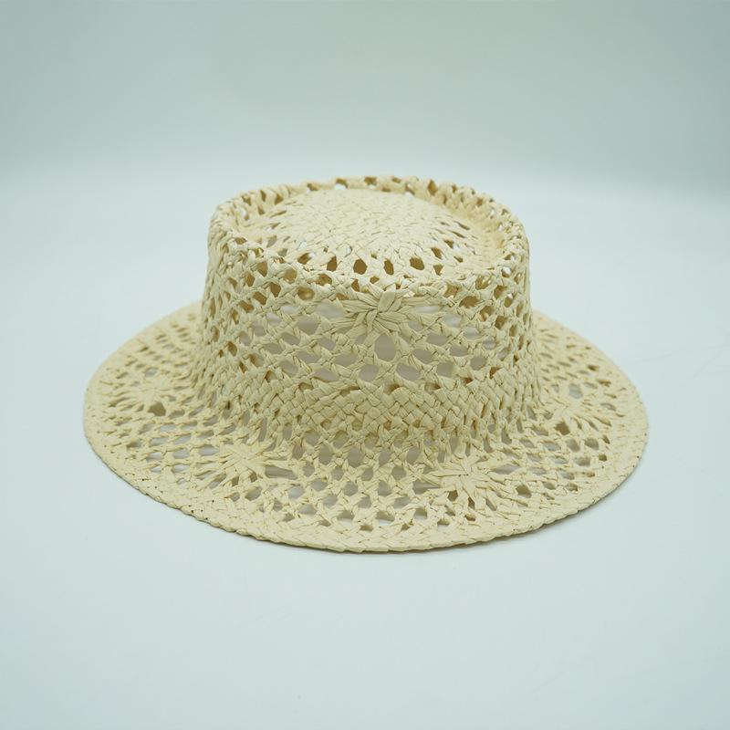 Japanese Korean Version Hollow Woven Beige Flat Top Top Top Hat Women'S Summer Sunshade Vacation Beach Straw Hat Small Fresh And Retro
