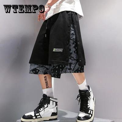 Men's Summer Printed Pants Ins Straight Fake Two-piece Shorts All-match Comfortable Loose Breasted Sports Five-point Pants Breathable Fashion Shorts