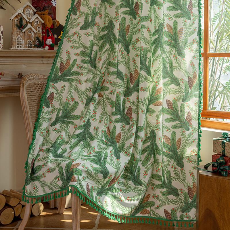Nordic Green Plant Printed Fabric Curtains Semi Blackout Window Drapes No Drill For Balcony Bedroom Bay Window  Curtains