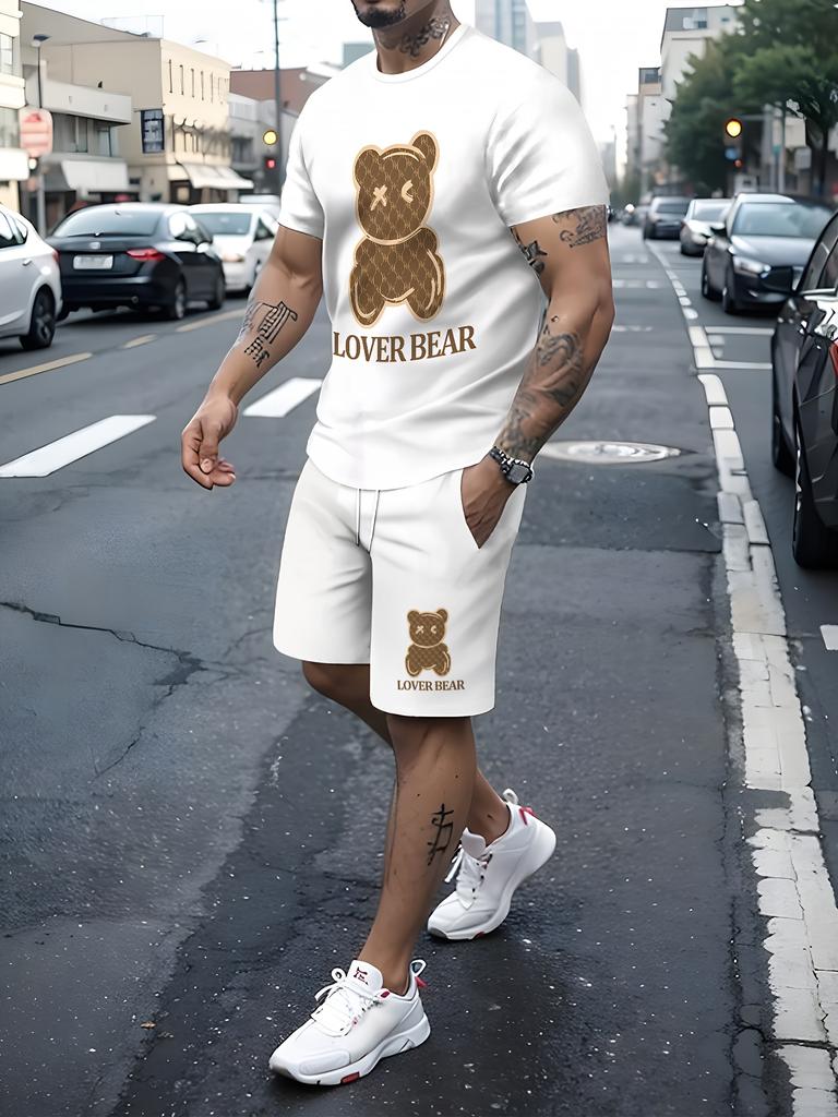 2026 Summer Men's Fashion Bear Print Crew Neck T-Shirt and Shorts Set Outdoor Casual Two-Piece Set