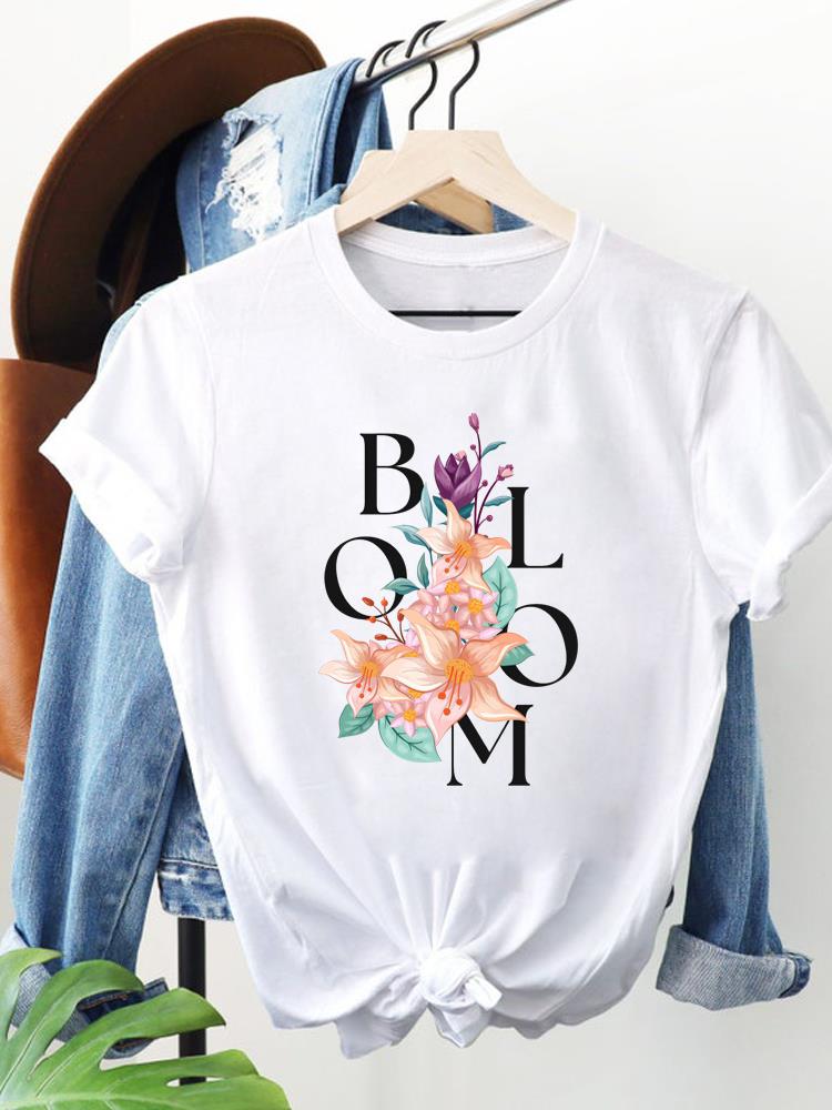 (Asian Size) watercolor flower cute Clothing Women Fashion Print Short Sleeve Tee Top Female T Shirt Woman Graphic T-shirts