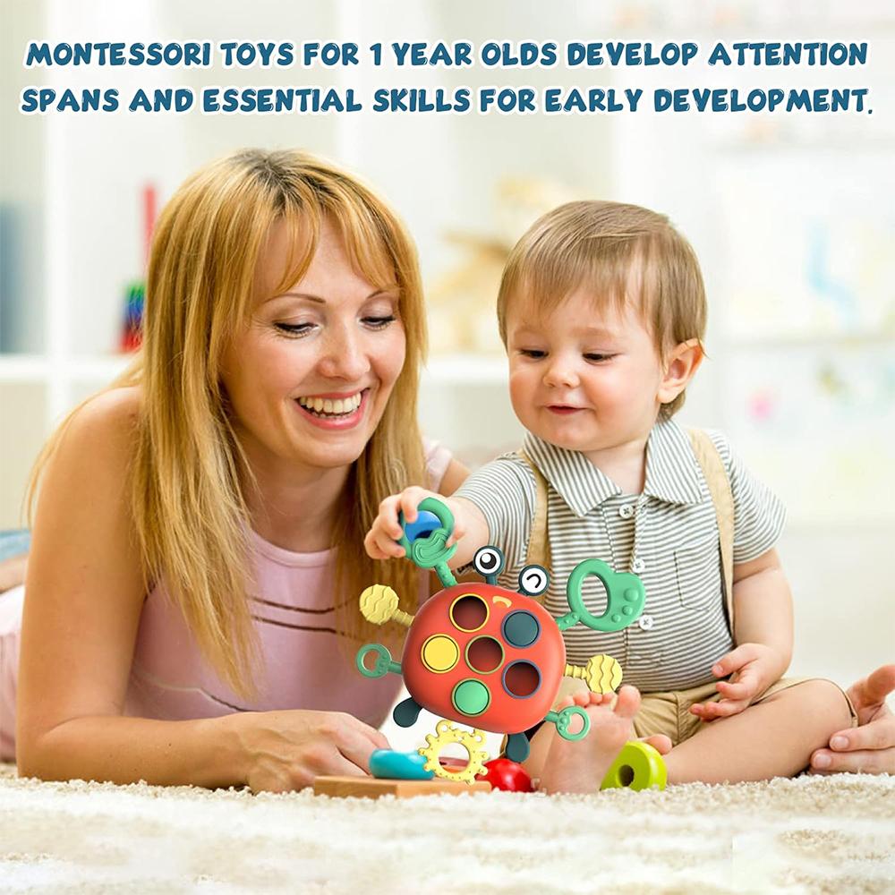 Crab Baby Sensory Montessori Toys Silicone Pull String Toy, Teething Toy, Motor Skill Activity Toys for 1-3 Year Babies