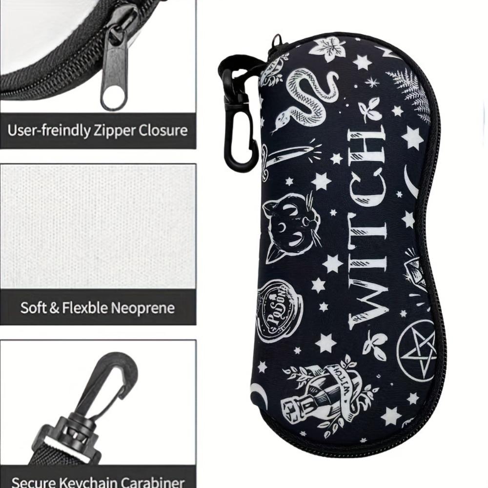 1pc Witch Gothic Print Glasses Pouch Portable Zipper Sunglasses Pouch With Carabiner Hook Anti‑Scratch Eyeglasses Protective Bag For Halloween Gift