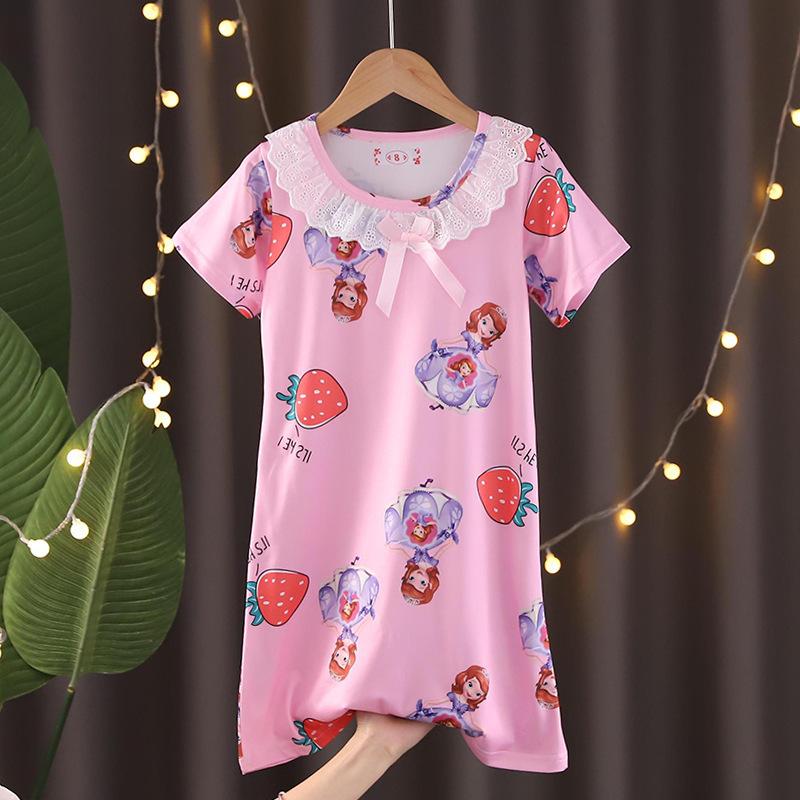 Lace Short Sleeve Cartoon Nightgown for Girls - Summer Pajamas