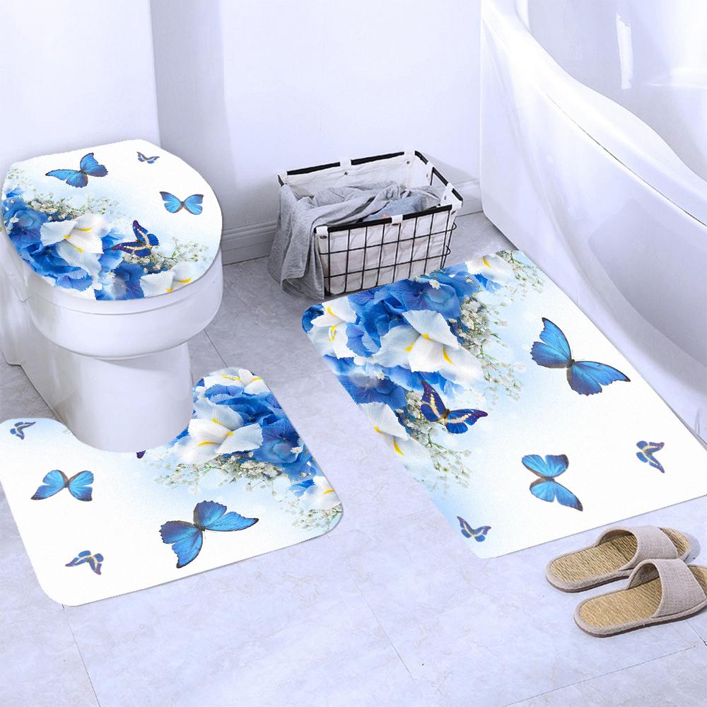180*180cm Blue Rose Flowers Fabric Shower Curtains Bath Mat Rugs Beautiful Butterfly Flower Bathroom Curtain Set Home Decoration