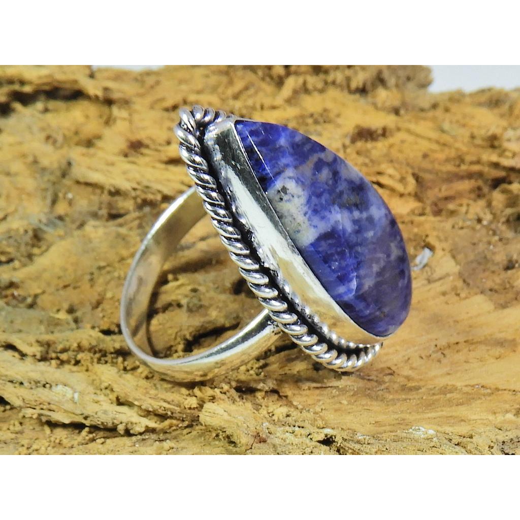 Natural Blue Sodalite 925 Solid Sterling Silver Ring Size US-9 PG-130