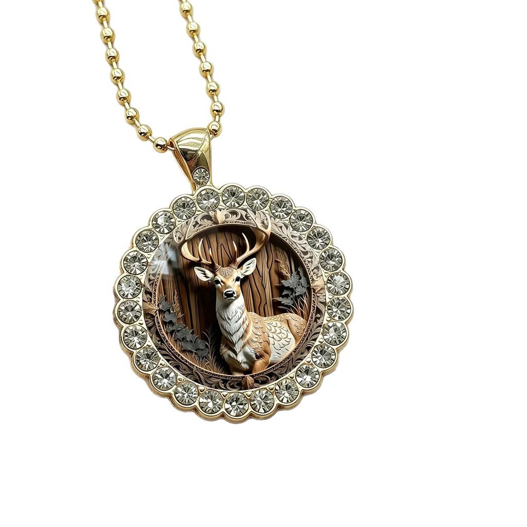 Collier Vintage Cerf des Bois Gravé avec Cadre Orné Doré, Parfait pour les Anniversaires, Noël et les Amoureux de la Nature