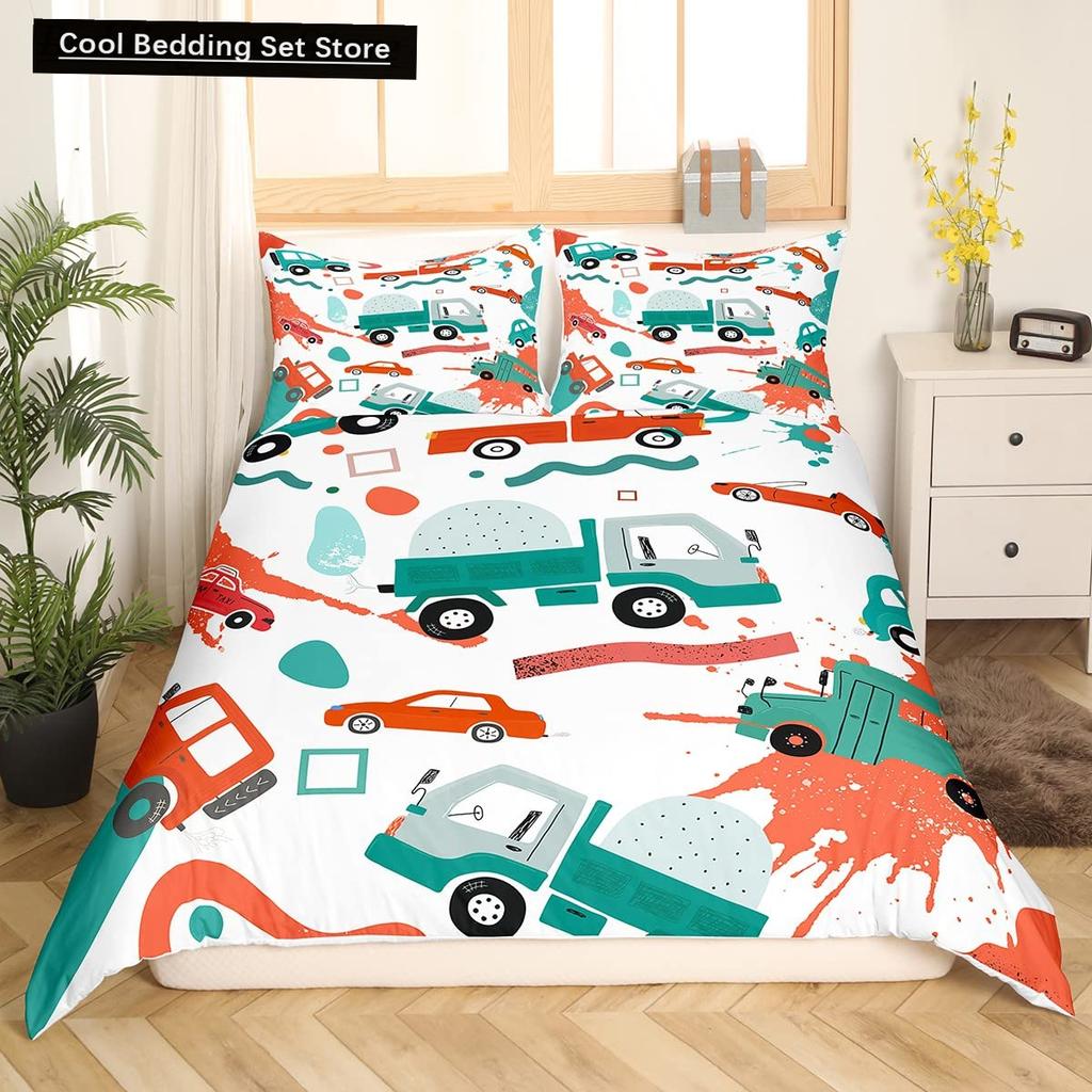 Gelbes Taxi Auto King Queen Bettbezug Jungen Cartoon Transport Bettwäscheset Rosa Stadtlandschaft Steppdeckenbezug Polyester Bettdeckenbezug