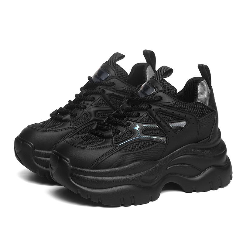 Samtige Dad-Sneaker für Damen – lässig, modisch, vielseitig, dicke Sohle, weiches Leder, Laufschuhe, schwarz, Reiseschuhe für Herbst und Winter