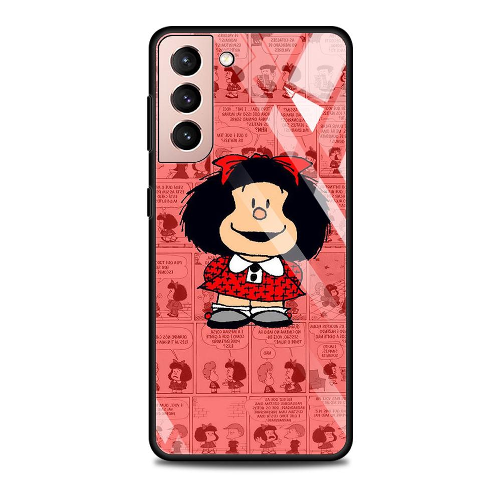 Anime Cute Mafalda Tempered Glass Case For Samsung Galaxy S21 S20 Ultra S10 Plus Lite S20fe 5g S10e S9 S8 Bumper Cover Funda