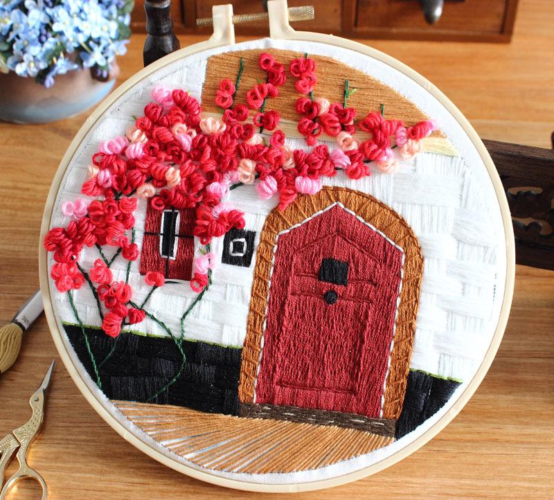 DIY Cross-Stitch Kit: Spring Courtyard Landscape Embroidery with Needles & Thread