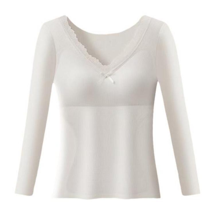 Winter Thermo Oberteil Langarm V-Ausschnitt Damen Slim Fit Shirt Spitzenbesatz Einfarbig Gepolsterte Innenschicht
