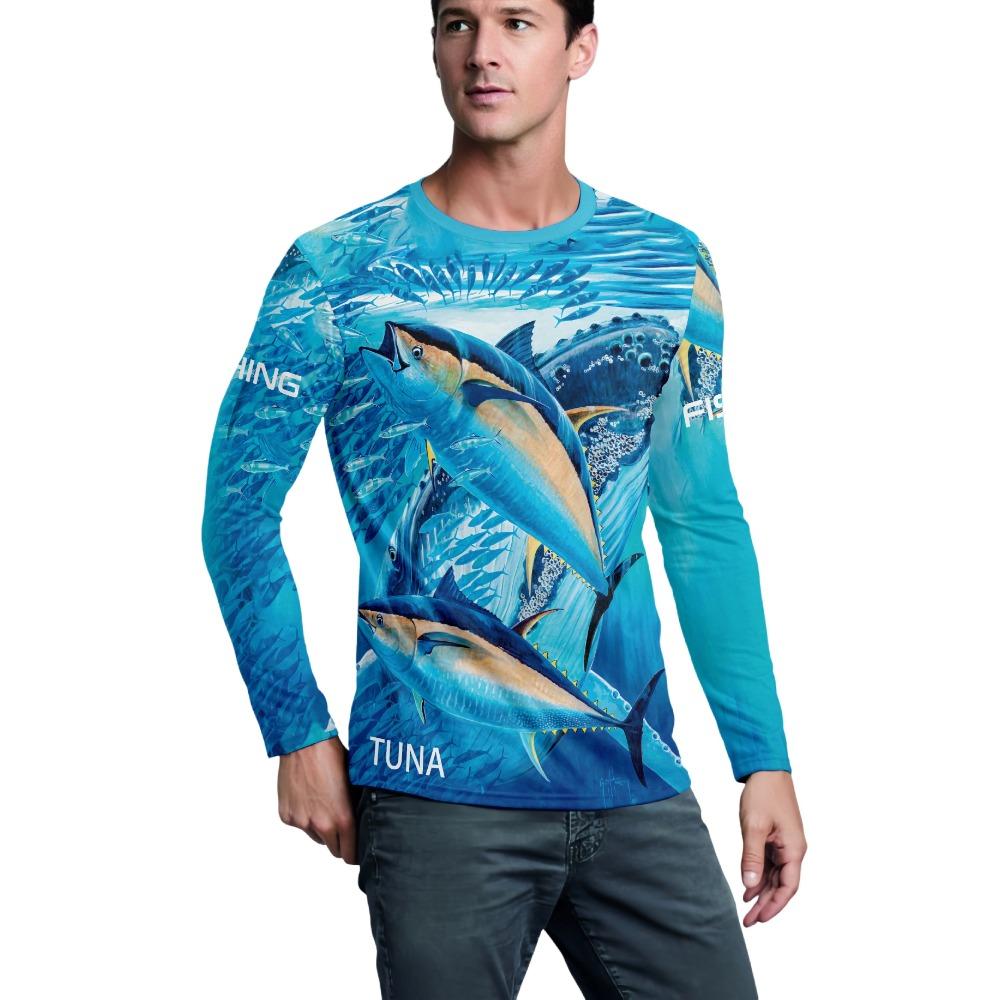 Men's Outdoor Fishing Long Sleeve T-shirts Fish Print Round Neck tshirt Summer Casual Loose Top Oversized Fishing Clothes