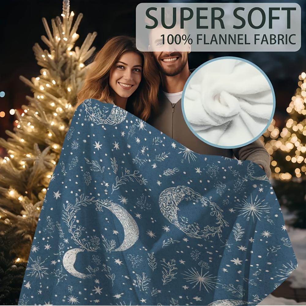1Pc Cozy Blue Starry Night Blanket With Moon And Floral Design - 60X80 Inch, Soft Single-Sided Print, Perfect For Sofa, Chair,
