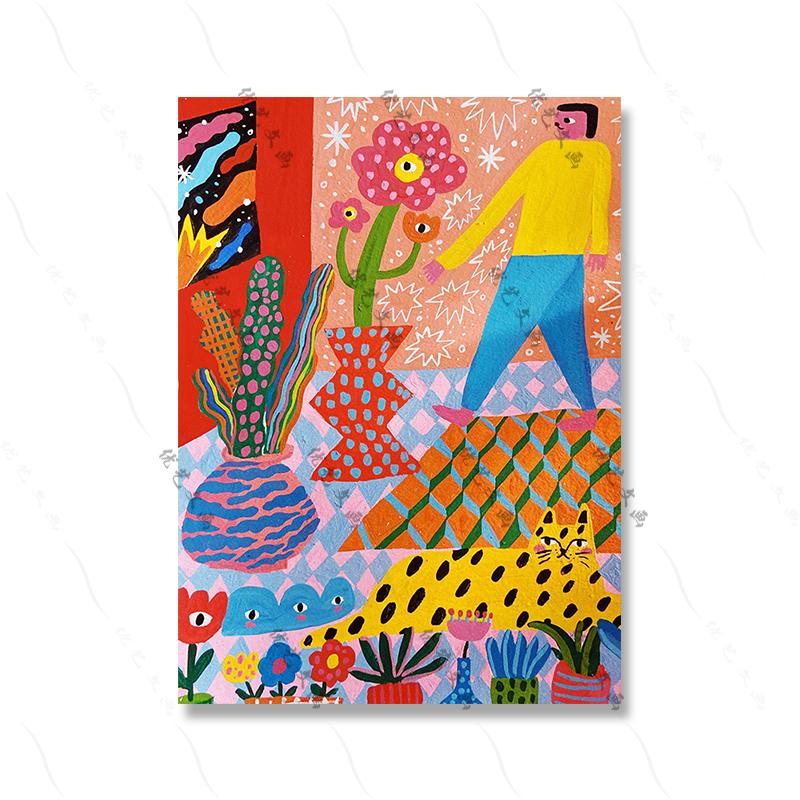 

Джунгли Красочные Милые Кошки Искусство Холст Картина Абстрактные Мультфильм Растения Листья Плакат Печать Детская Гостиная Настенная Картина Домашний Декор 21x30cm No Framed