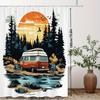1pc Sunset Camper Shower Curtain Bath Curtain with Orange White Vintage Van Pine Woodland River Silhouette Birds Warm Glow Road