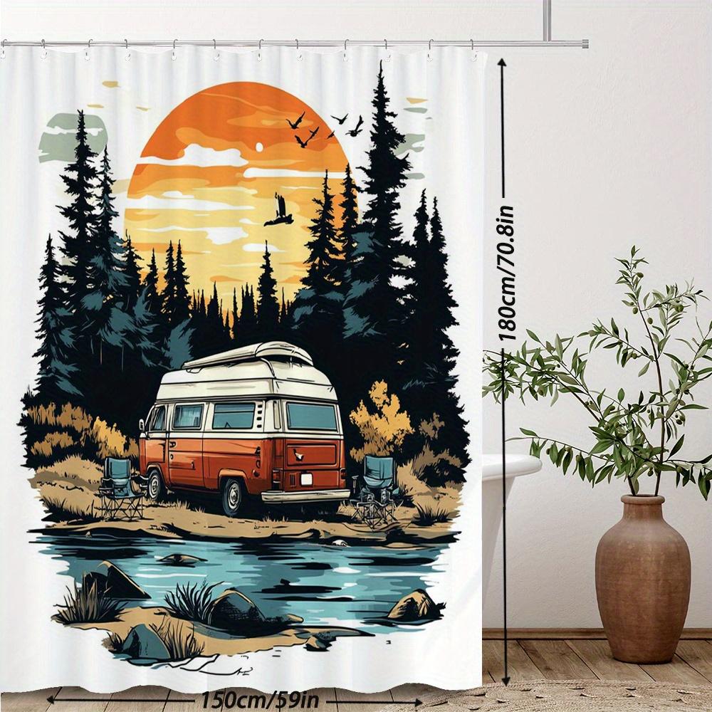 1pc Sunset Camper Shower Curtain Bath Curtain with Orange White Vintage Van Pine Woodland River Silhouette Birds Warm Glow Road