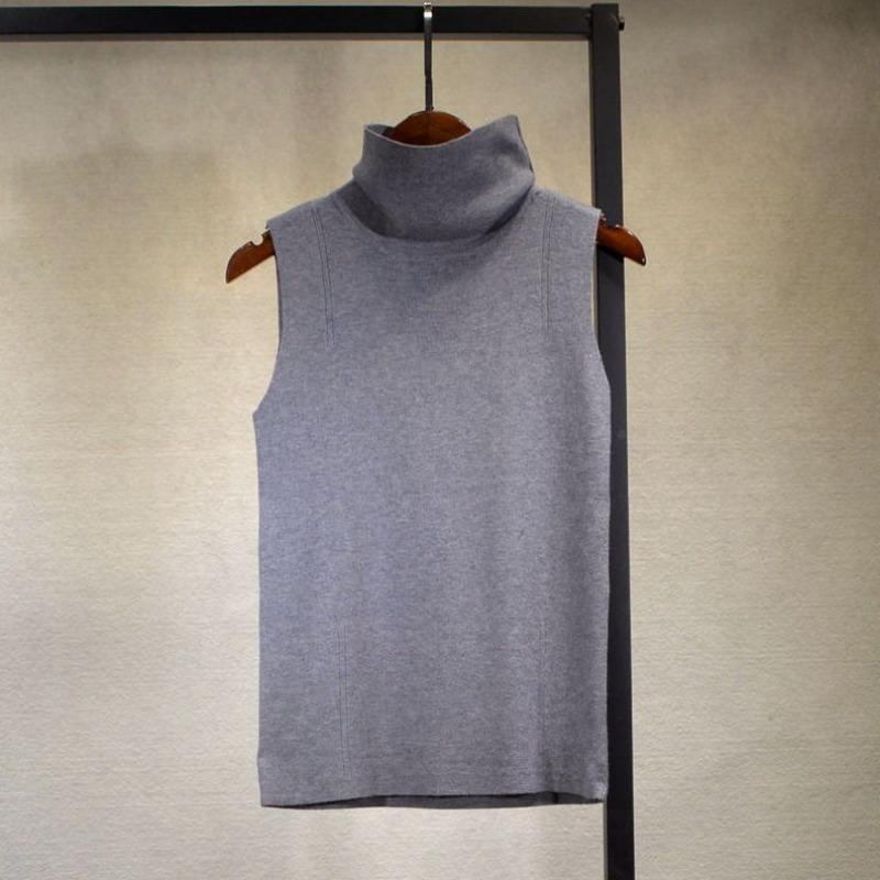 

Versatile Knitted Pile Collar Women s Turtleneck Sleeveless Vest Bottoming Shirt Slim Sweater Autumn and Winter Solid Color Top S серый