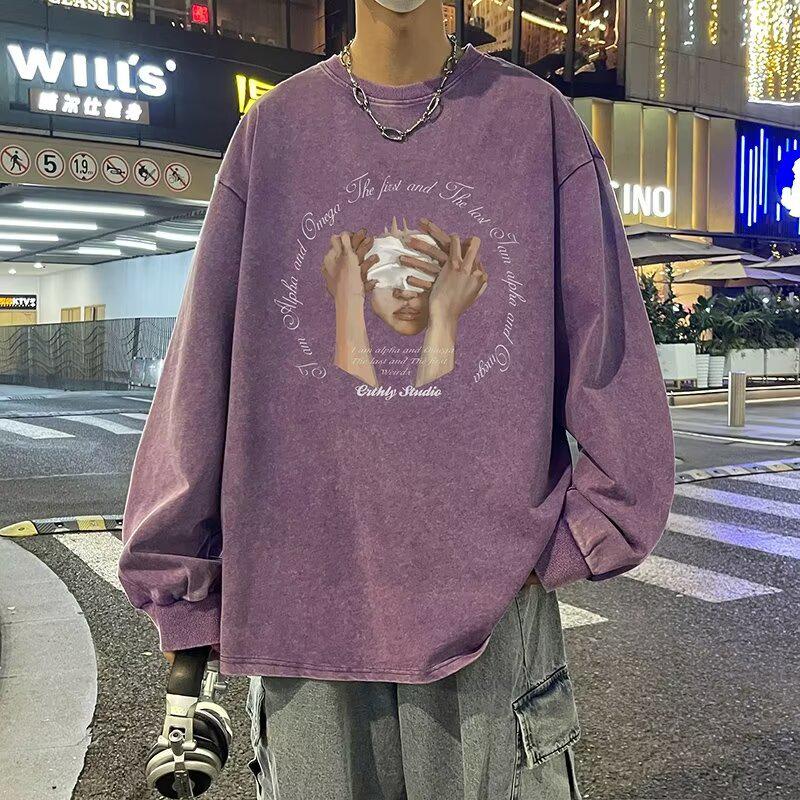 Men's Vintage Heavyweight Washed Long-Sleeve T-Shirt, Loose Fit, Perfect for Spring and Autumn