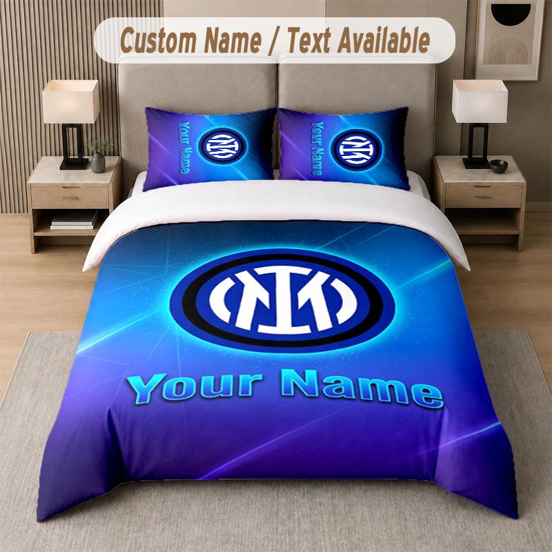 Set Biancheria da Letto Personalizzato Modello Inter Milan, Stampa Nome Testo 1 Copripiumino più 2 Federe Tessile per la Casa