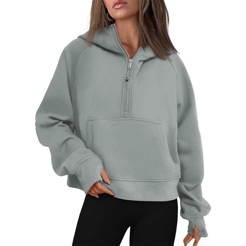 Autumn and Winter Zipper Casual Loose Hoodies Women Tops Fashion Solid Long Sleeve Crop Sweatshirts Women Pocket Simple Office Ladies Hooded 25179