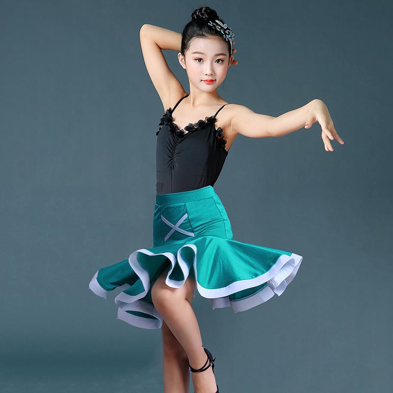 Children's Summer Latin Dance Costume - Girls' Short Sleeve Spaghetti Strap Skirt Set