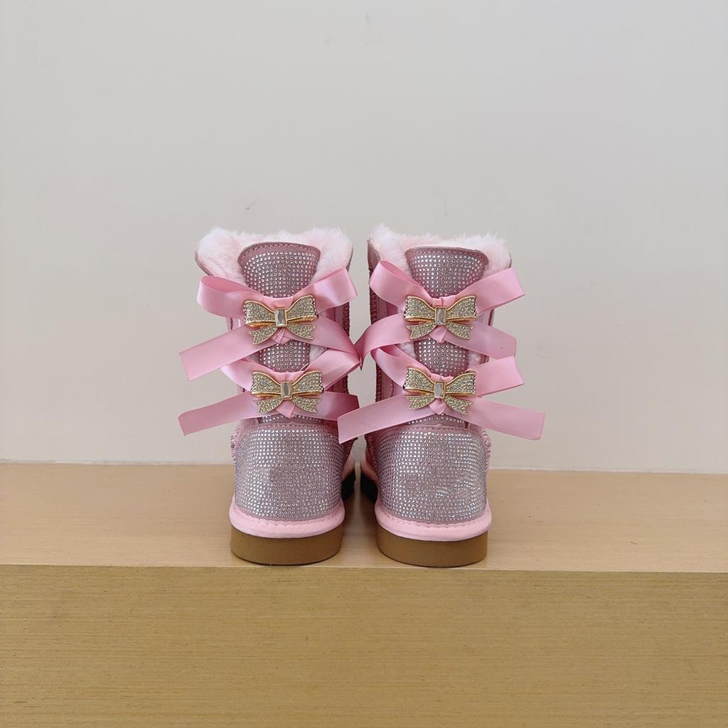 Winter Women Bow Fashion Rhinestone Mid-Calf Snow Boots New Design Genuine Cow Suede Leather Lady Long Boots Classic Warm Shoes