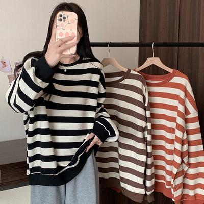 Sonbahar ve Kış İçin Kadınlar İçin Retro Baskılı Yuvarlak Yaka Sweatshirt Çizgili Altlık Gömleği Artı Kadife Günlük Bol Üst İnce