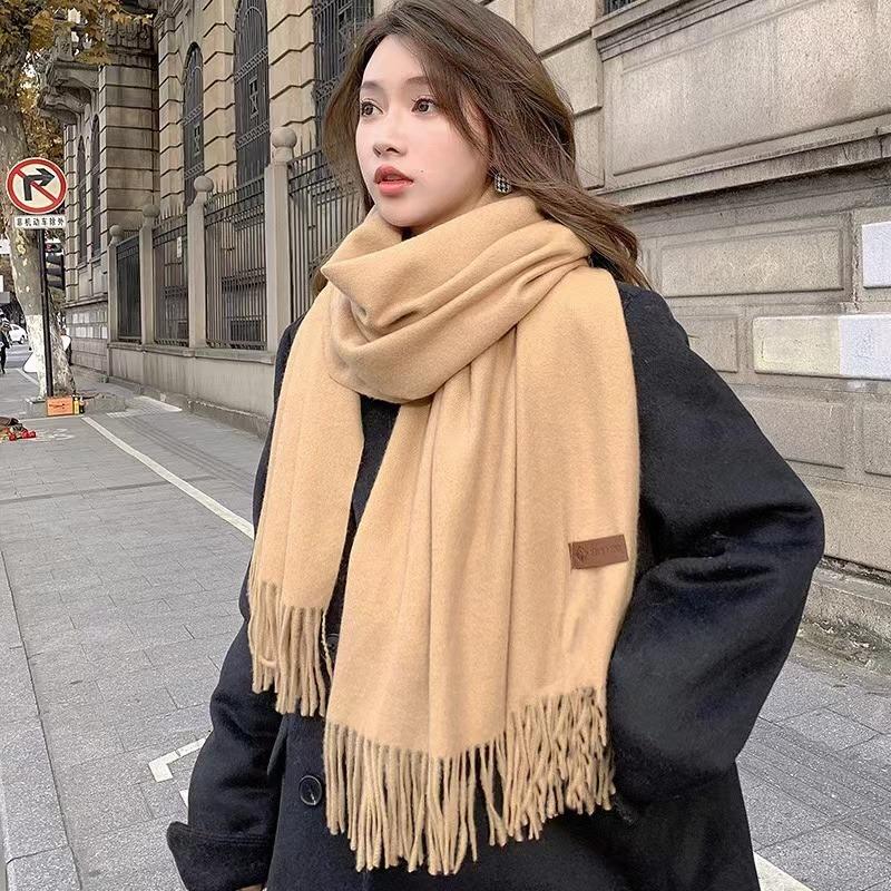 Winter Scarf Women Luxury Autumn Winter Cashmere Scarf Thickened Warm Shawl Classic Tassels Fluffy Scarf Solid Color Soft Shawl