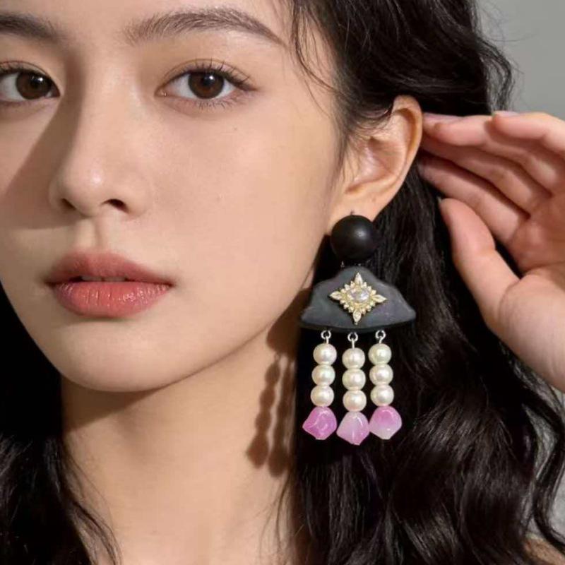 Elegant Amethyst Pearl Black Wood Tassel Earrings for Autumn & Winter
