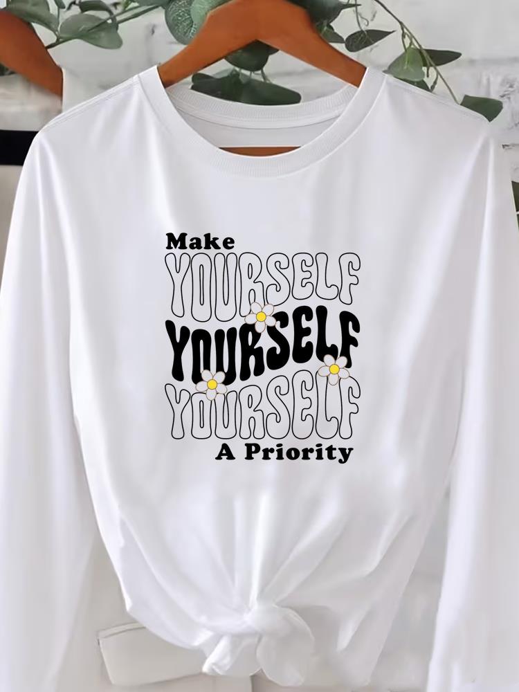 (Asian Size) flower letter cute style Printed o-neck Long Sleeve T Shirt Tee Lady Women Female Clothing Casual Fashion Top Graphic T-shirts