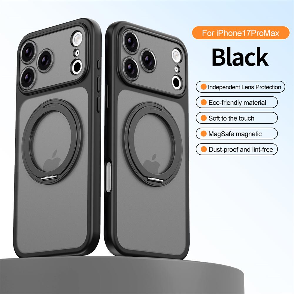 Magnetic 360°Rotation Stand TPU Case For iPhone 17 Air 16 15 14 13 Pro Max With Ring Holder Frosted Transparent PC Matte Cover