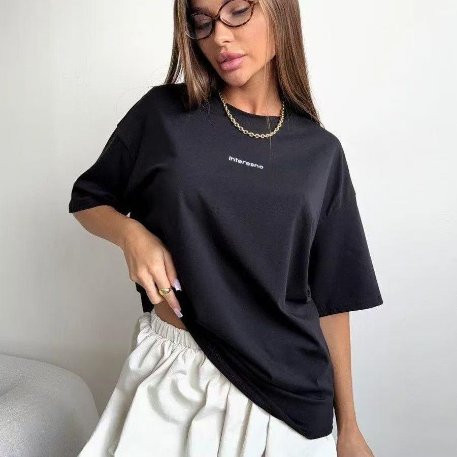 European & American Style Loose Fit Letter Print Cotton T-shirt for Women - Summer Casual New Arrival