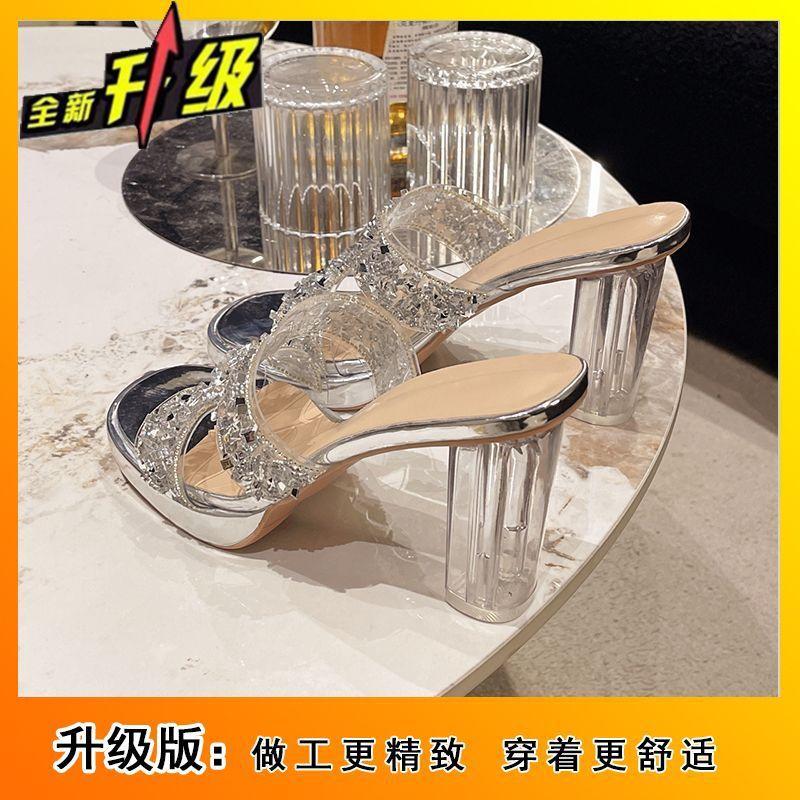 

2025 summer new French thick heel slippers women s fashion versatile rhinestone high heel one word versatile cool slippers women 42
